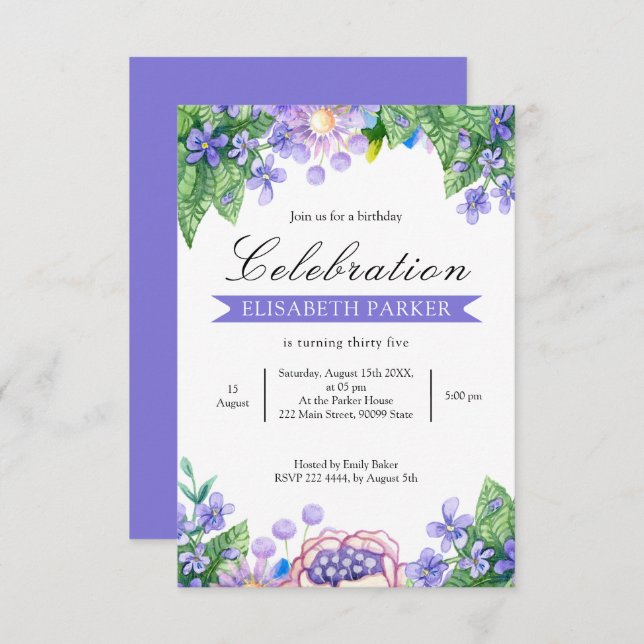 Lavender Watercolor Flowers Birthday Invitation (Front/Back)