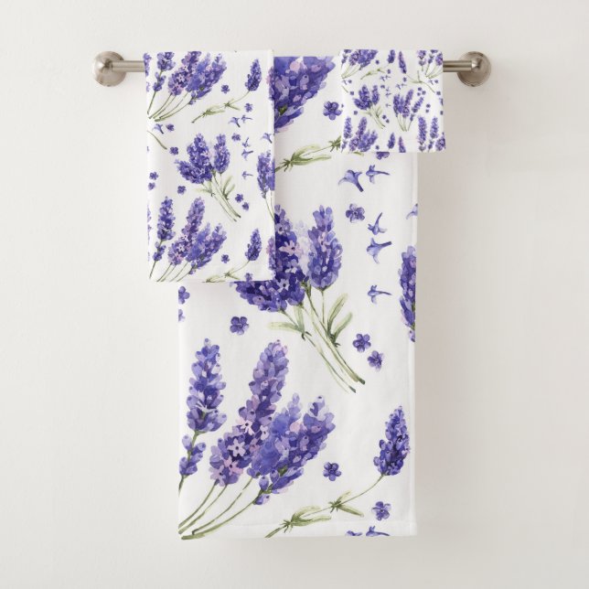 Lavender Watercolor Flowers Pattern Bath Towel Set (Insitu)