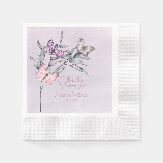 Lavender Watercolor Leaf and Butterflies Bridal   Napkin (Front)