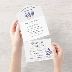 Lavender Watercolor Purple Flowers Rustic Wedding All In One Invitation