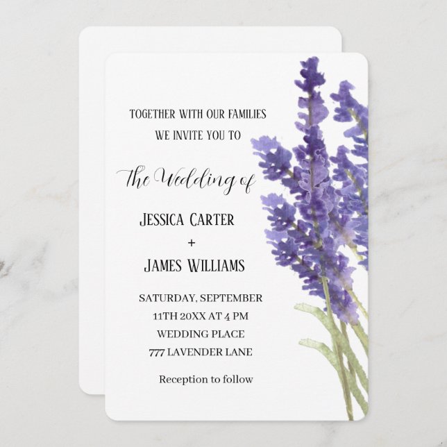 Lavender Watercolor Rustic Elegant Wedding Invitation (Front/Back)
