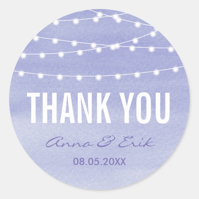 Lavender Watercolor String Lights Thank You Classic Round Sticker (Front)