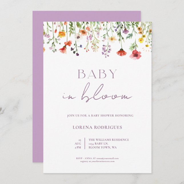 Lavender Watercolor Wildflower Baby in Bloom Invitation (Front/Back)