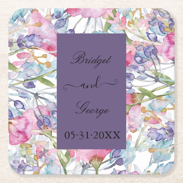 lavender watercolor wildflower greenery foliage square paper coaster (Front)