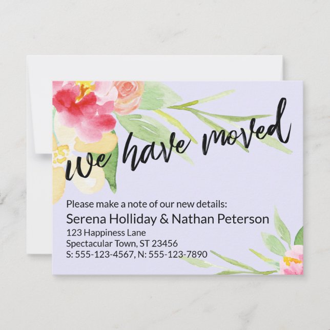 Lavender We Have Moved Watercolor Flowers Card (Front)