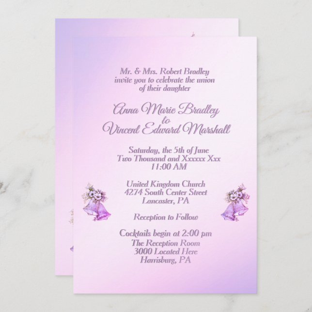 Lavender Wedding Bells Invitation (Front/Back)