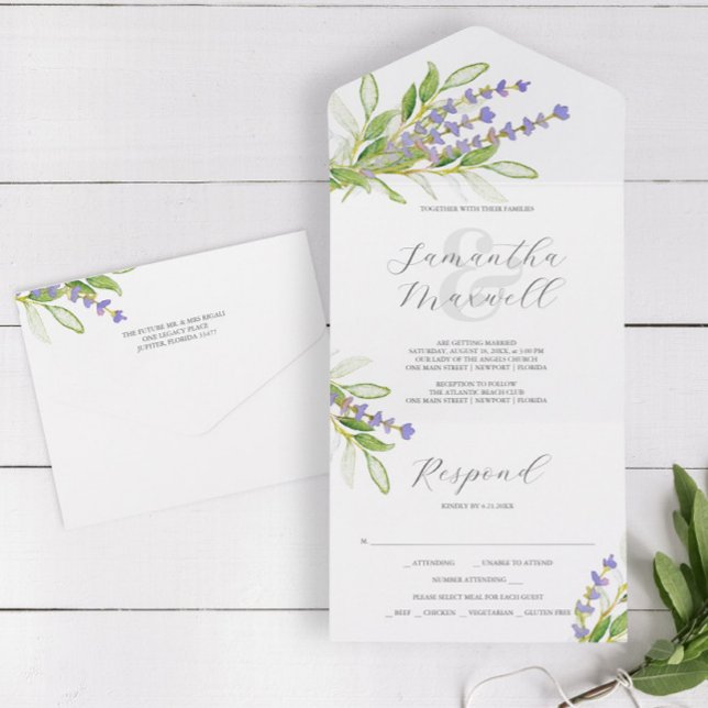 Lavender Wedding Invitations with RSVP (Wedding invitations with RSVP cards feature watercolor lavender art by Victoria Grigaliunas)