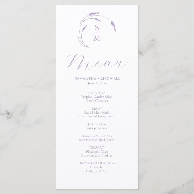 Lavender Wedding Menus Simple Monogram (Front)