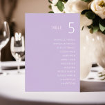 Lavender Wedding Table Number Card With Names<br><div class="desc">This table number is designed to be modern and sleek, with a practical simplicity. Its minimalist design includes a place to write each of your guest's names in a way that is clear and easy for them to read. Its beautiful soft purple colour will suit any lavender-themed, or pastel-toned wedding....</div>