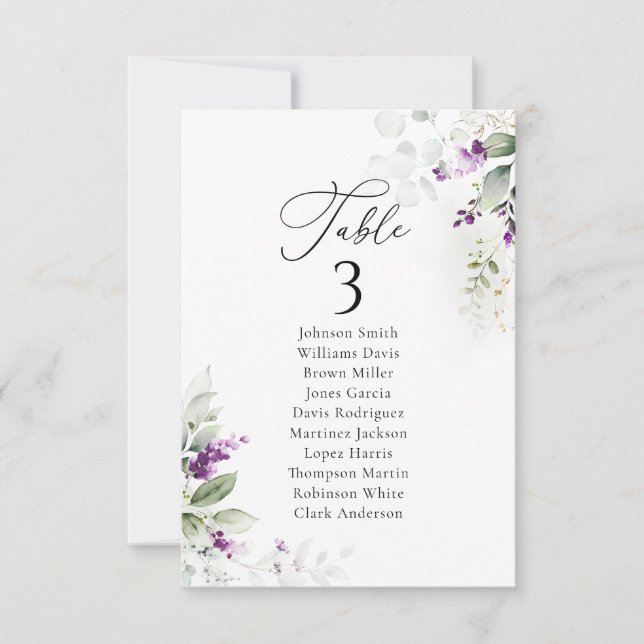 Lavender Wedding Table Seating Chart Cards (Front)