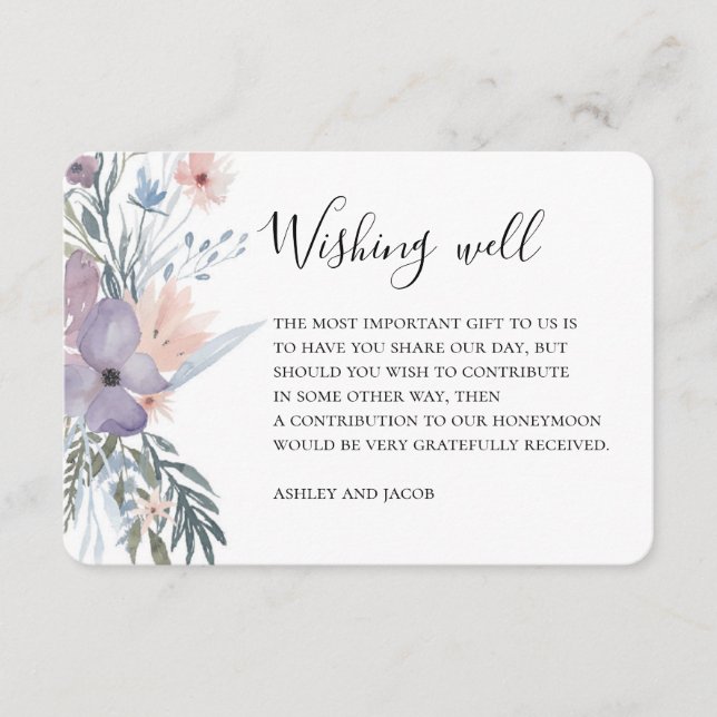 Lavender wedding wishing well. Purple flowers Enclosure Card (Front)