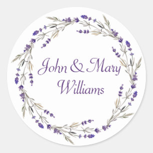 Lavender Wedding Wreath On White Classic Round Sticker