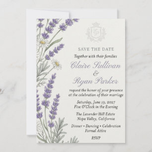 Lavender, White Daisy, and Crest Watercolor Weddin Invitation
