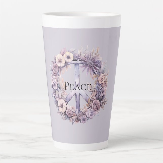 Lavender White Floral Peace Sign Latte Mug (Front)