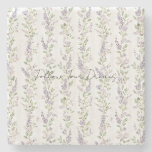 Lavender White Floral Stripes Stone Coaster