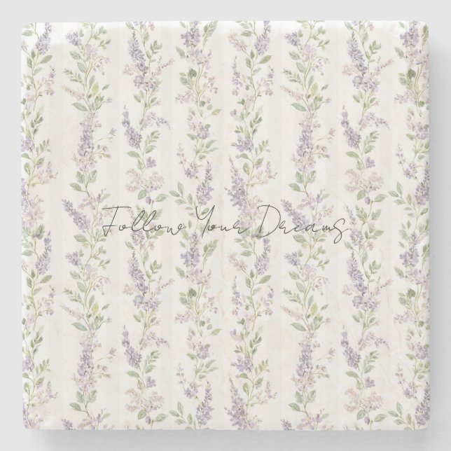 Lavender White Floral Stripes Stone Coaster (Front)