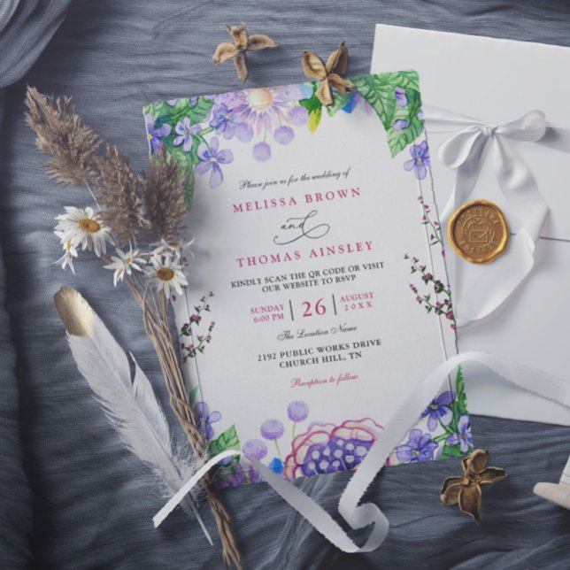 Lavender White Floral Watercolor QR Code Wedding Invitation (Creator Uploaded)