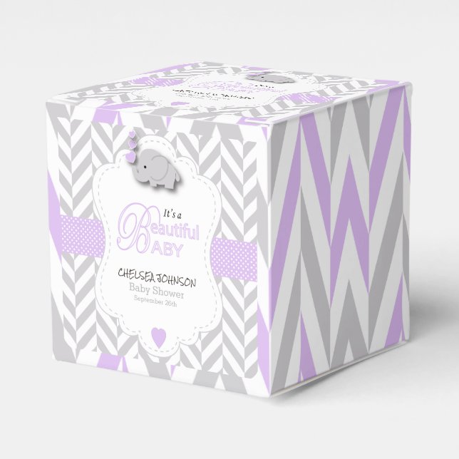 Lavender, White Grey Elephant Baby Shower 2 Favour Box (Front Side)