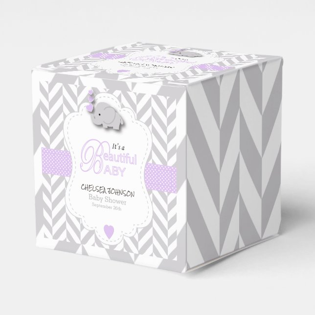 Lavender, White Grey Elephant Baby Shower Favour Box (Front Side)