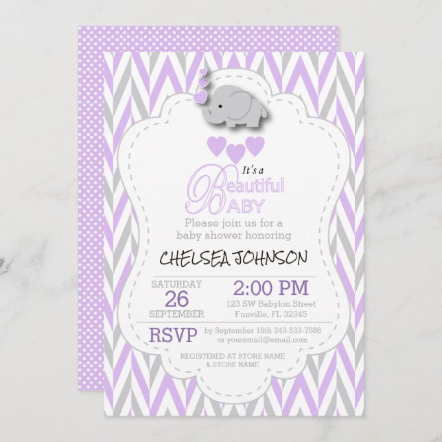Lavender, White & Grey Elephant Baby Shower Invitation (Front/Back)