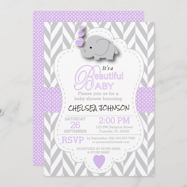 Lavender, White Grey Elephant 🐘 Baby Shower Invitation (Front/Back)