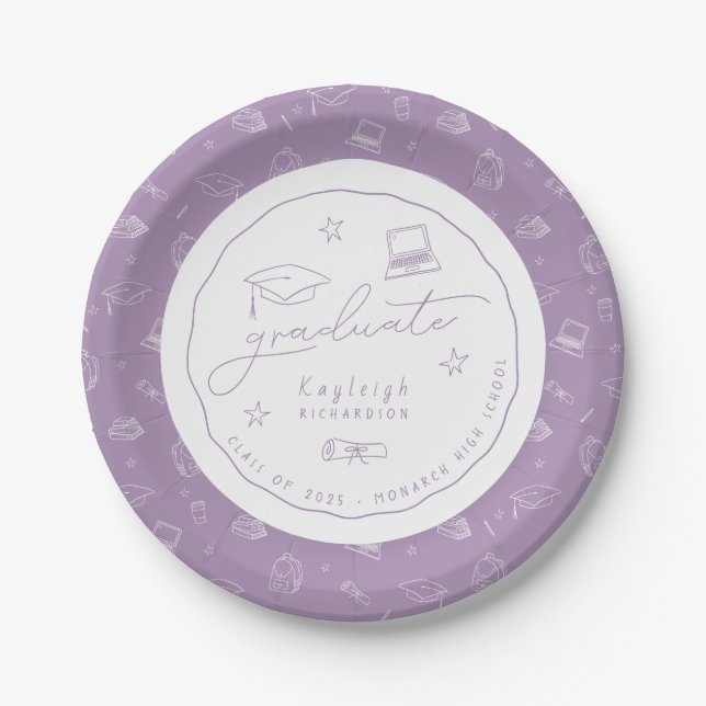Lavender White Hand Drawn Grad Party Paper Plate (Front)