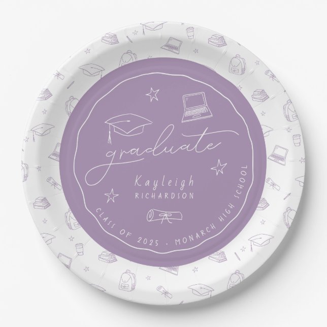 Lavender White Hand Drawn Grad Party Paper Plate (Front)