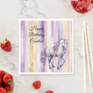 Lavender White Horse Stripes Birthday Napkin