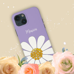 Lavender White Modern Daisy Flower  Custom Name iPhone 13 Mini Case