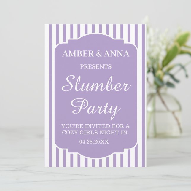 LAVENDER WHITE PEROSNALIZED NAME SLUMBER PARTY INVITATION (Standing Front)