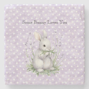 Lavender White Polka Dots Bunny Rabbit Love Stone Coaster