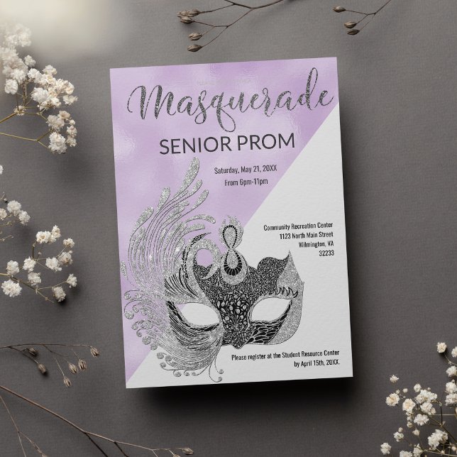 Lavender white silver glitter Masquerade Prom  Invitation (Lavender white silver glitter Masquerade Prom)