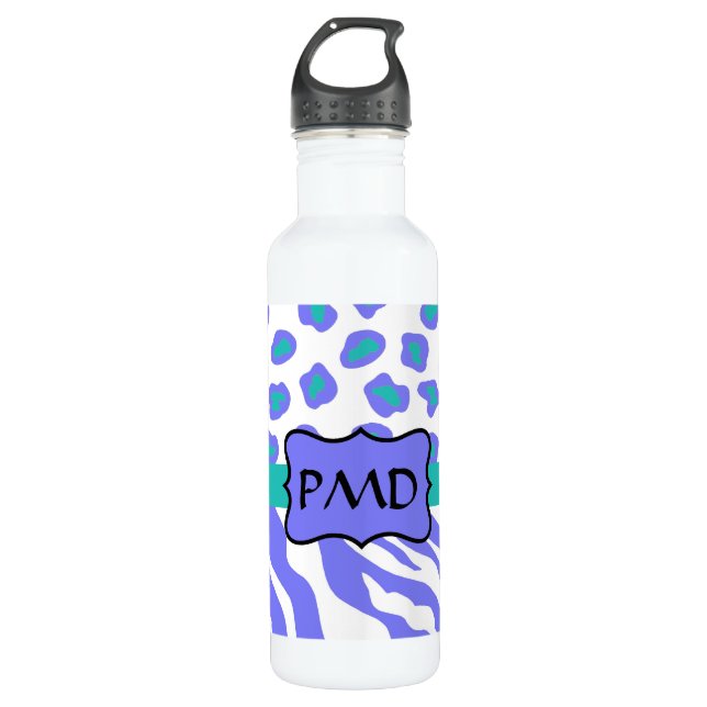 Lavender, White & Teal Zebra & Cheetah Personalise 710 Ml Water Bottle (Front)
