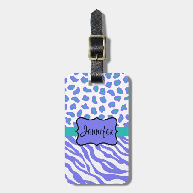 Lavender, White & TealvZebra & Cheeta Personalised Luggage Tag (Front Vertical)