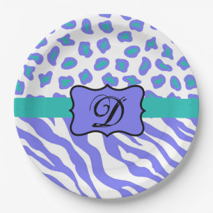 Lavender White Zebra Leopard Skin Monogram Initial Paper Plate