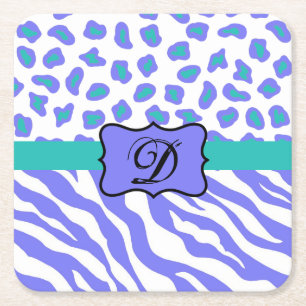 Lavender White Zebra Leopard Skin Monogram Initial Square Paper Coaster