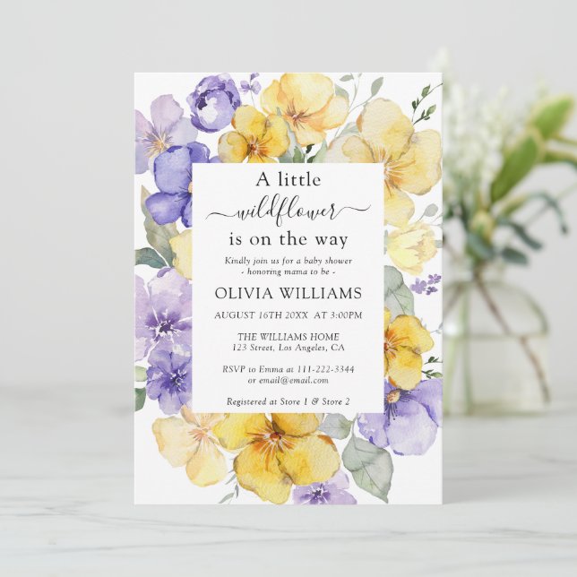 Lavender Wild Flower Meadow Yellow Baby Shower Invitation (Standing Front)