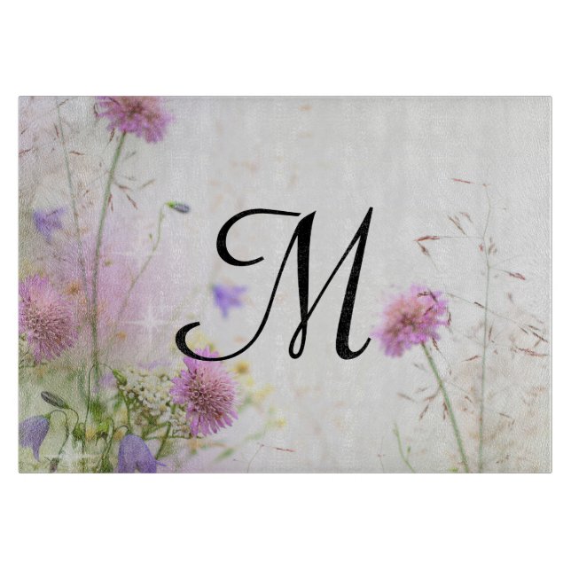 Lavender Wild Flowers Monogram Glass Cutting Board (Front)