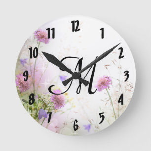 Lavender Wild Flowers Monogram Initial Wall Clock