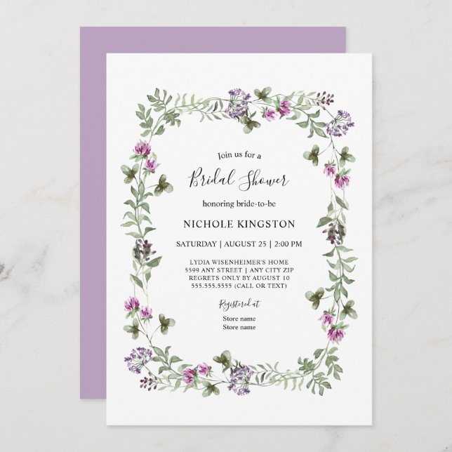 Lavender Wildflower Frame Bridal Shower Invitation (Front/Back)
