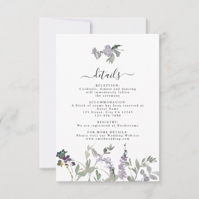 Lavender Wildflower Greenery Wedding Details Card (Front)