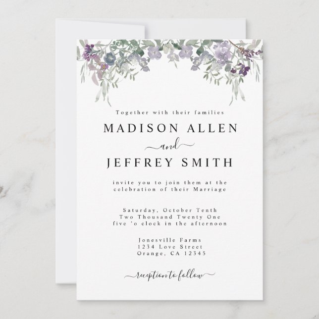 Lavender Wildflower & Greenery Wedding Invitation (Front)