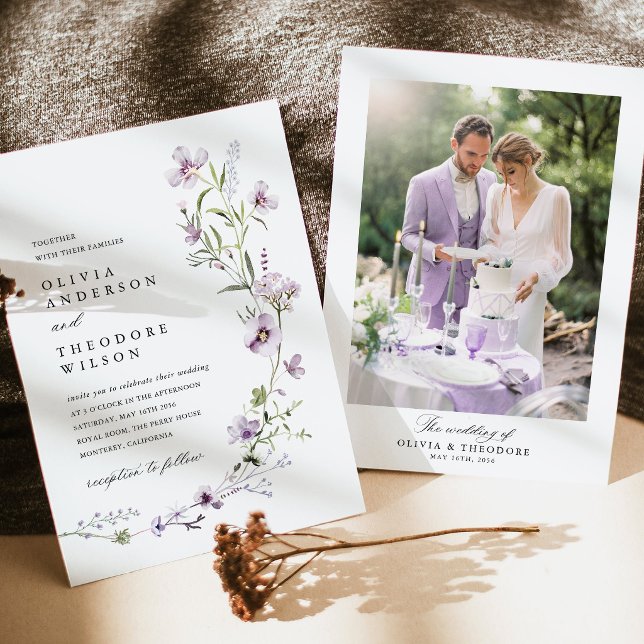 Lavender Wildflower Photo Back Wedding Invitation (Lavender Wildflower Photo Back Wedding Invitation, Lilac Floral Purple Botanical Wedding Suite)
