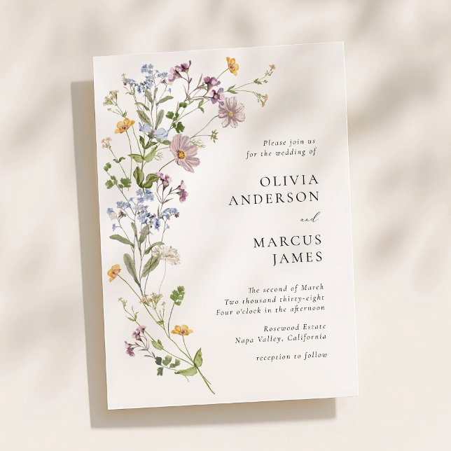 Lavender Wildflower Spray Refined Wedding Invitation (Airy wildflower spray wedding invitation with elegant serif typography and soft watercolor florals)