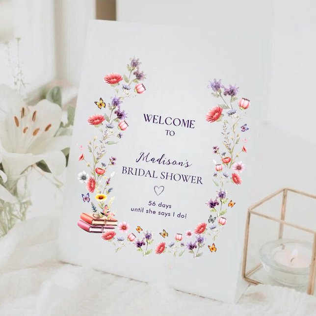 Lavender Wildflower Storybook Bridal Welcome Pedestal Sign (Elegant storybook welcome sign for book lover bridal showers.)