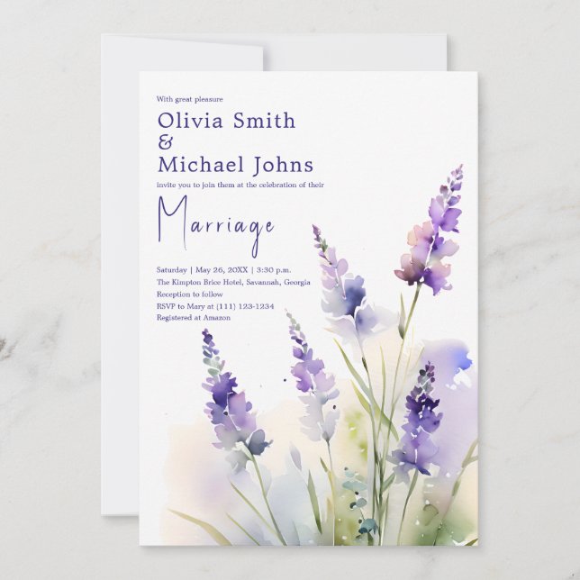 Lavender wildflower Watercolor Wedding Invitation (Front)