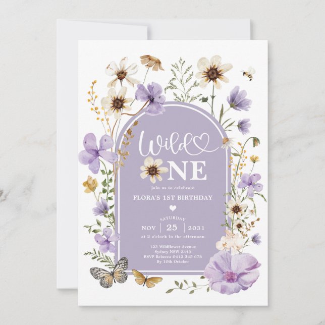 Lavender Wildflower Wild One First Birthday Girl Invitation (Front)