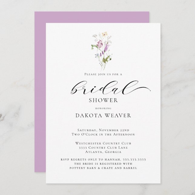 Lavender Wildflowers Calligraphy Bridal Shower Invitation (Front/Back)