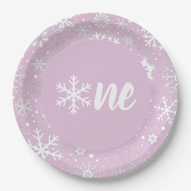 Lavender Winter First Birthday Snowflake One Paper Plate (Front)