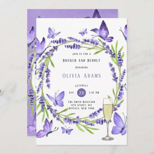 Lavender Wisteria & Butterflies Brunch & Bubbly In Invitation (Front/Back)